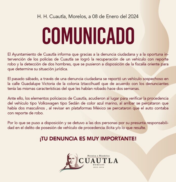 COMUNICADO – DETENCIÓN DE PRESUNTOS DELINCUENTES