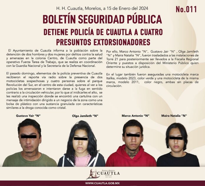 DETIENE POLICÍA DE CUAUTLA A 4 EXTORSIONADORES (Presuntos)