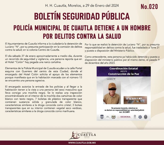 POLICIA DE CUAUTLA DETIENE A UN HOMBRE POR DELITOS CONTRA LA SALUD