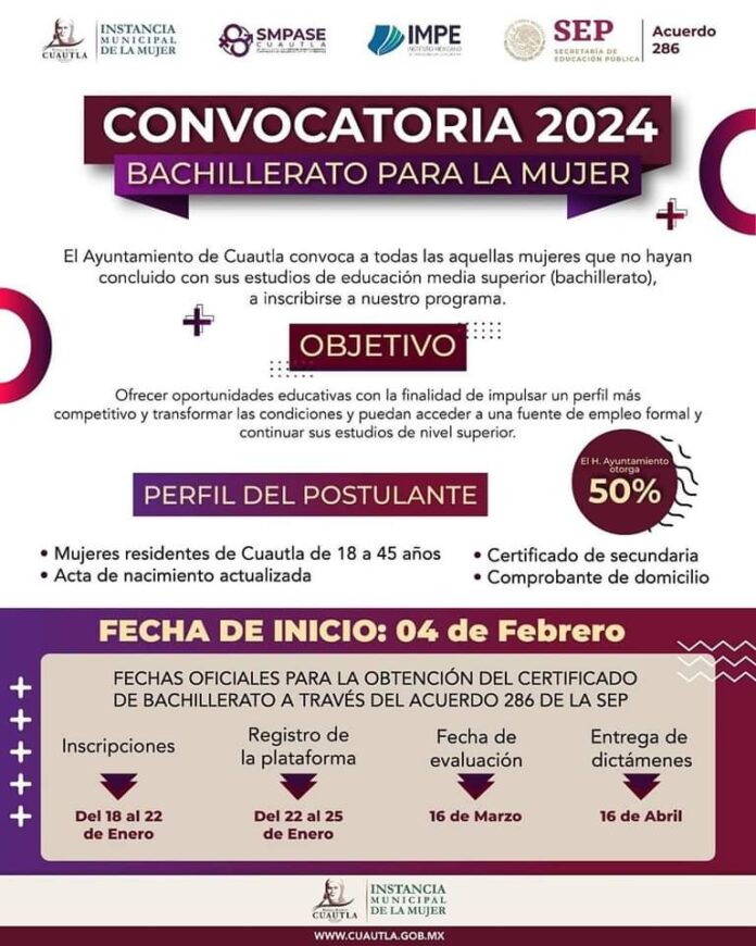 CONVOCATORIA 2024 – BACHILLERATO PARA LA MUJER