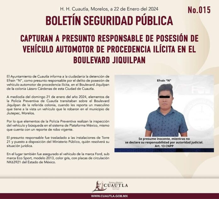 CAPTURAN A PERSONA QUE PRETENDÍA VENDER VEHÍCULO CON REPORTE DE ROBO