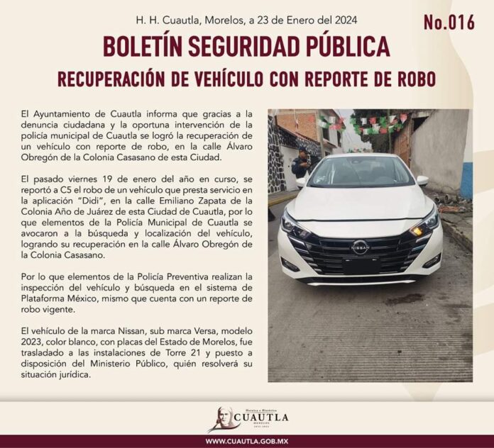 RECUPERACIÓN DE VEHÍCULO CON REPORTE DE ROBO