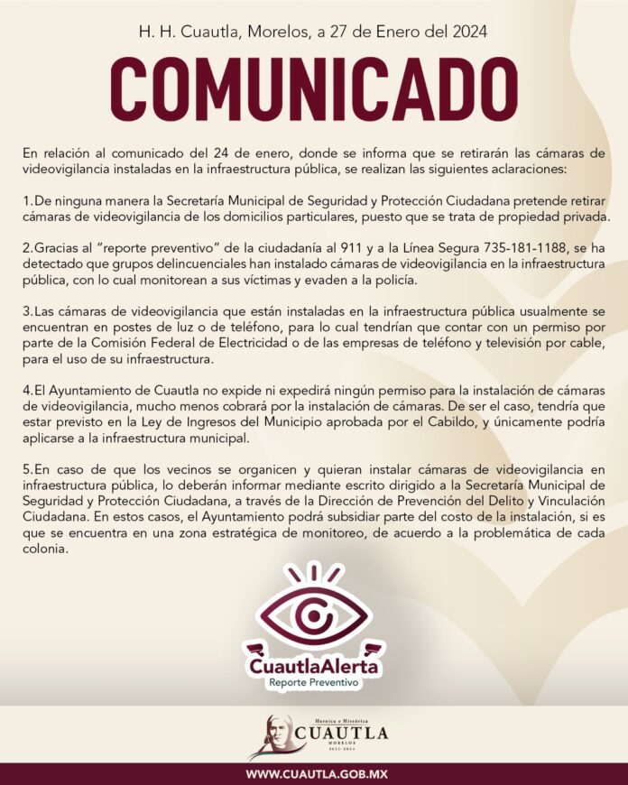 COMUNICADO – RETIRO DE CAMARAS DE VIDEO VIGILANCIA UTILIZADAS PRESUPUESTAMENTE PARA ACTOS DELICITIVOS
