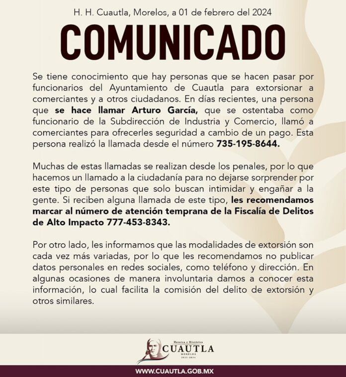 COMUNICADO – EXTORSIÓN DE FALSOS FUNCIONARIOS