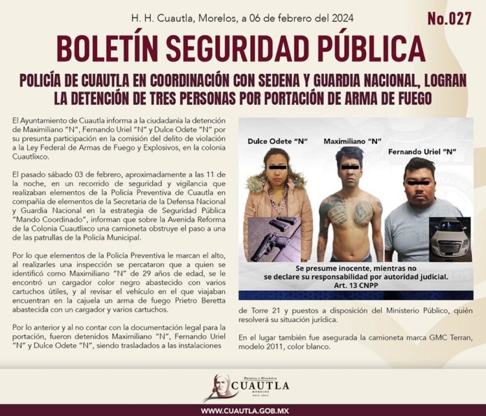 LOGRAN LA DETENCIÓN DE TRES PERSONAS POR PORTACIÓN DE ARMA DE FUEGO, POLICÍA DE CUAUTLA EN COORDINACIÓN CON SEDENA Y GUARDIA NACIONAL