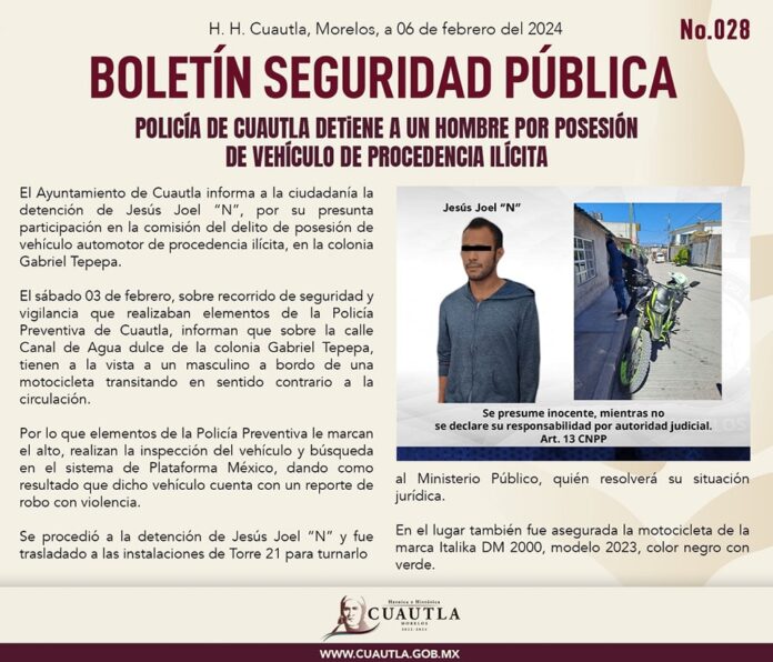 POLICÍA DE CUAUTLA DETIENE A UN MASCULINO POR POSESIÓN DE VEHÍCULO DE PROCEDENCIA ILÍCITA