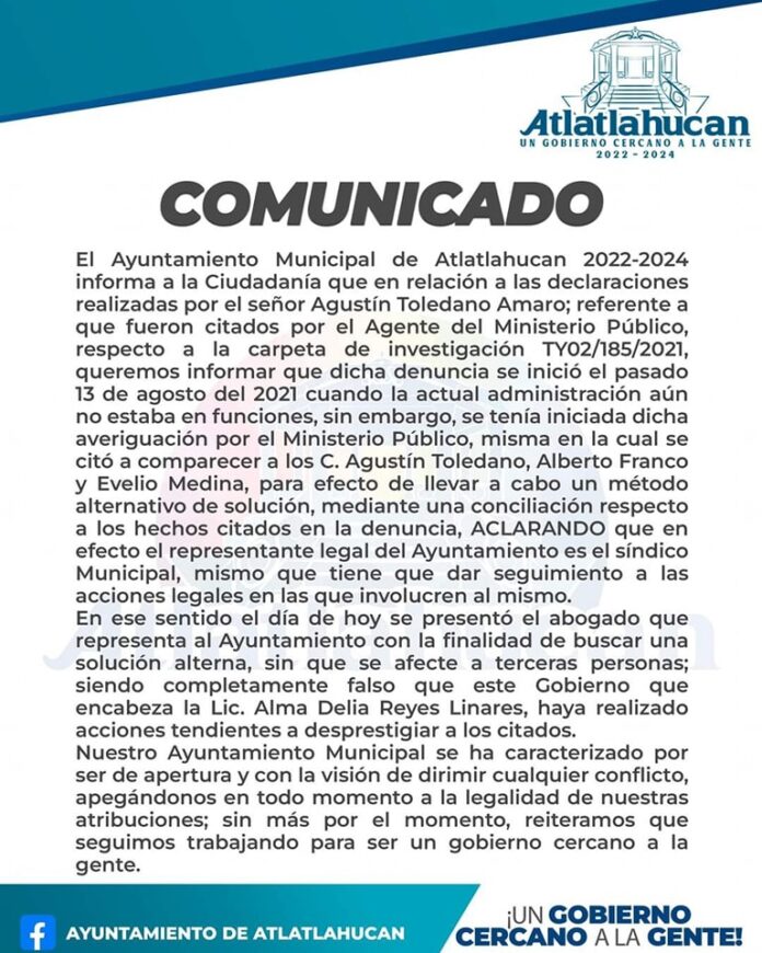 COMUNICADO – AYUNTAMIENTO DE ATLATLAHUCAN 2022-2024
