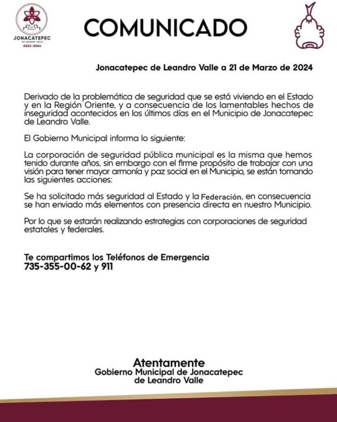COMUICADO – Jonacatepec de Leandro Valle a 21 de Marzo de 2024