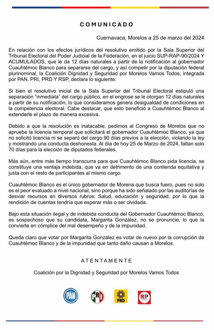 PIDEN PAN, PRI, PRD Y RSP AL CONGRESO NO OTORGARLE LICENCIA A CUAUHTÉMOC BLANCO