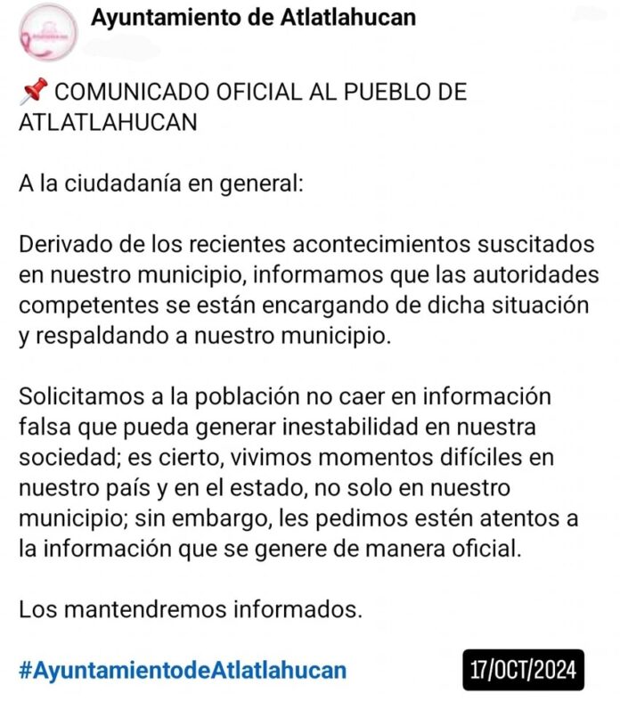COMUNICADO OFICIAL AL PUEBLO DE ATLATLAHUCAN