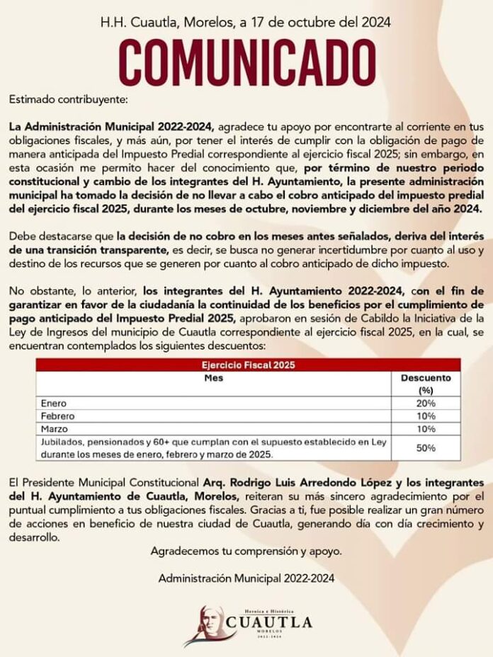 COMUNICADO IMPUESTO PREDIAL CUAUTLA 2025