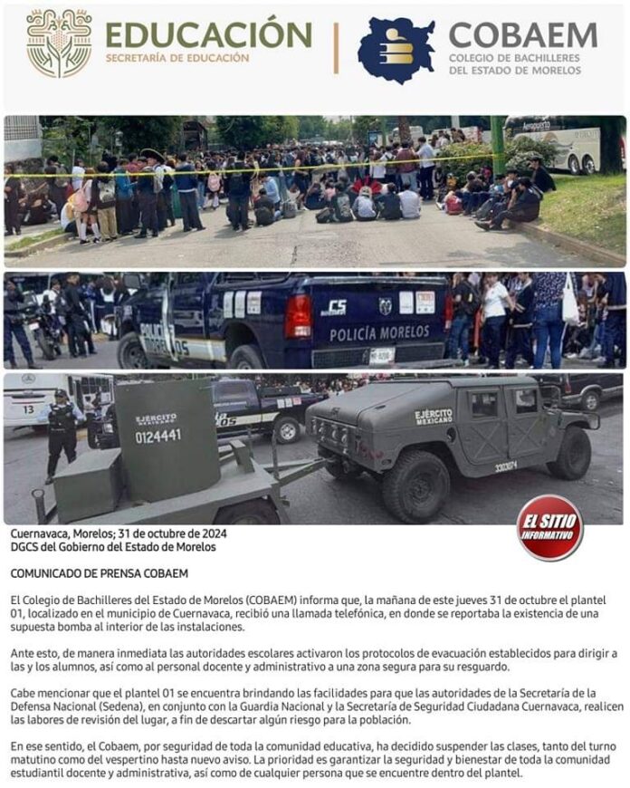 Por supuesta amenaza de Bomba, suspenden clases en COBAEM 01, Cuernavaca