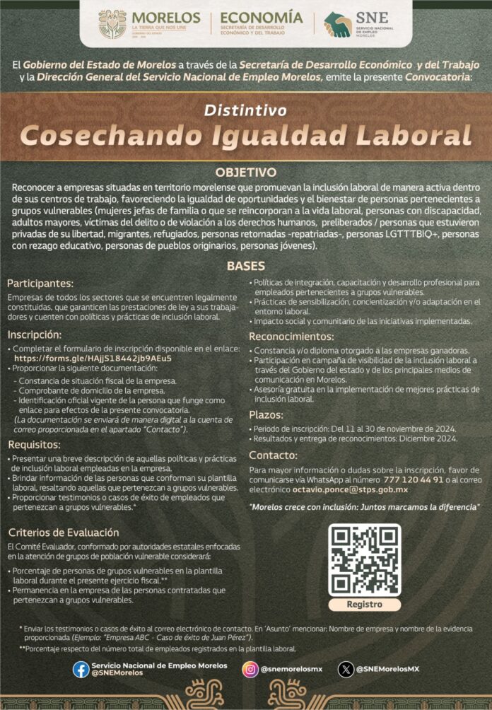Emite Servicio Nacional del Empleo convocatoria al distintivo “Cosechando Igualdad Laboral”