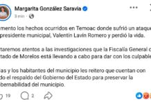 Margarita González Saravia lamenta muerte del presidente de Temoac