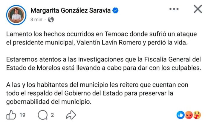 Margarita González Saravia lamenta muerte del presidente de Temoac