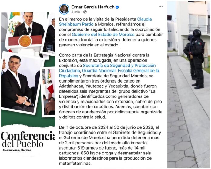 Refuerzan coordinación federal y estatal en Morelos contra la extorsión y grupos delictivos