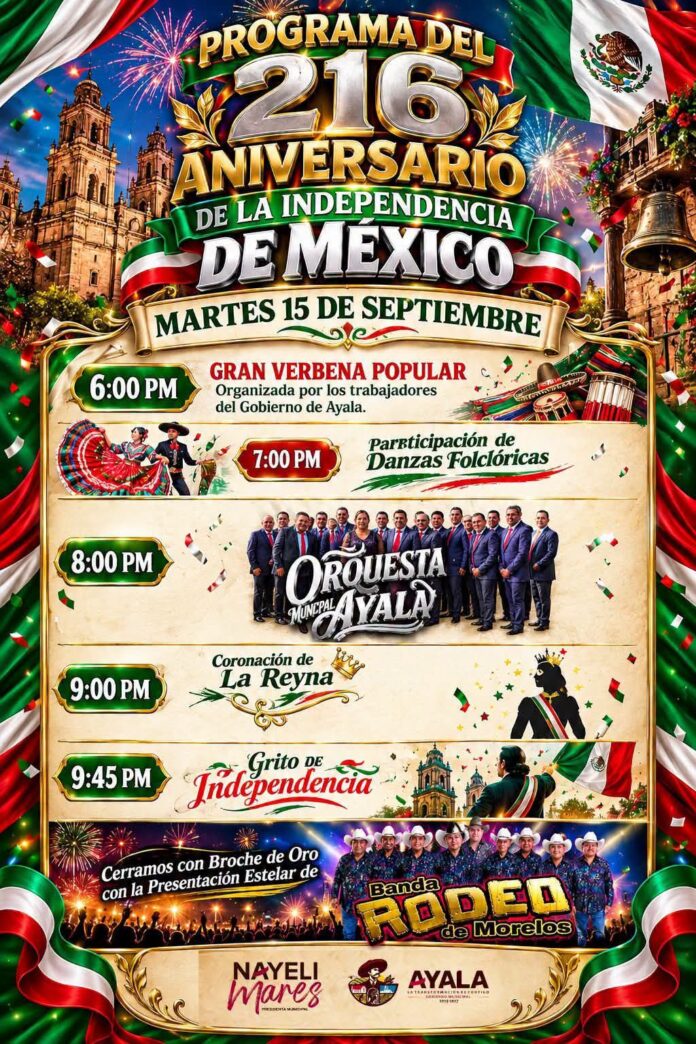 El gobierno municipal de Ayala invita al tradicional Grito de Independencia este 15 de septiembre