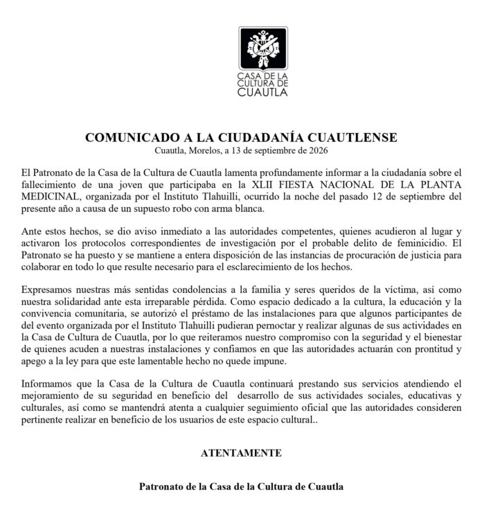 Patronato de la Casa de la Cultura de Cuautla lamenta asesinato de joven y exige justicia