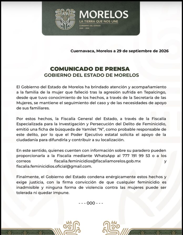 Atiende y acompaña Gobierno de Morelos a familia de víctima en Tepalcingo y solicita colaboración para localizar a probable responsable