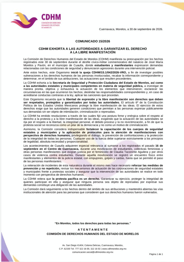 CDHM abre queja por presuntas agresiones policiales durante desfile de Cuautla