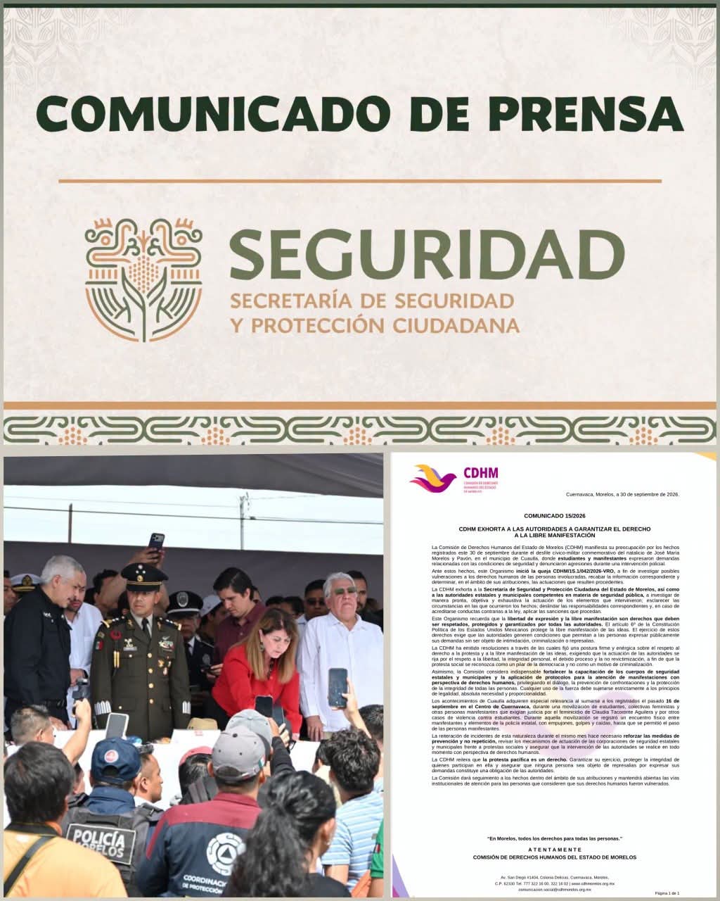 La SSPC del Gobierno de Morelos reiteró su respeto irrestricto a la manifestación pacífica y confirmó que colaborará plenamente con la CDHM.
