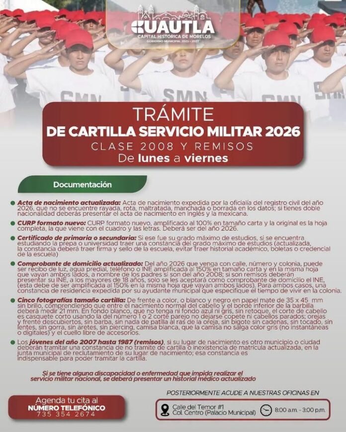Ayuntamiento de Cuautla Informa Sobre Requisitos para Trámite de la Cartilla del Servicio Militar Nacional