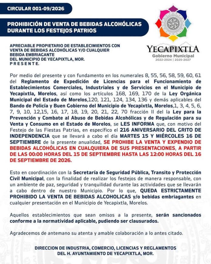 Ley Seca en Yecapixtla Atento Aviso