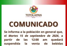 El H. Ayuntamiento de Totolapan Morelos 2025-2027 a Cargo de Alejandro Alfaro Nolasco Informa a la Población que el el 15 y 16 de Septiembre se Aplicará Ley Seca en Totolapan.