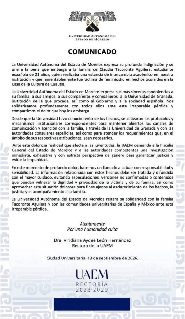 Demanda UAEM Justicia Tras Feminicidio de Estudiante de Intercambio en Cuautla