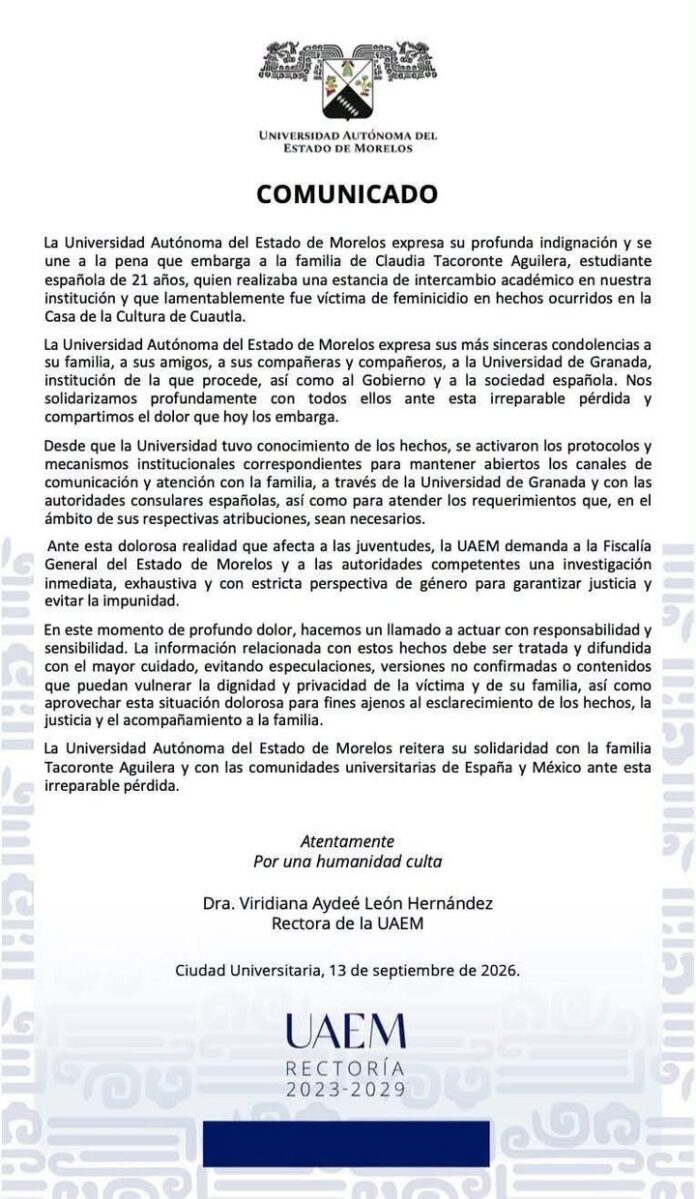 Demanda UAEM Justicia Tras Feminicidio de Estudiante de Intercambio en Cuautla