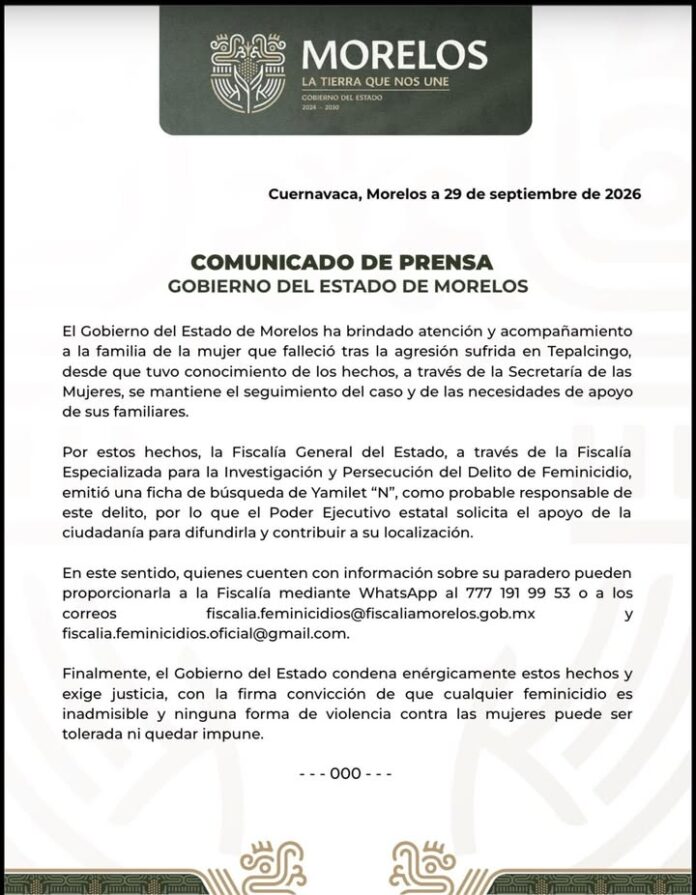 Atiende y Acompaña Gobierno de Morelos a Familia de Víctima en Tepalcingo y Solicita Colaboración para Localizar a Probable Responsable