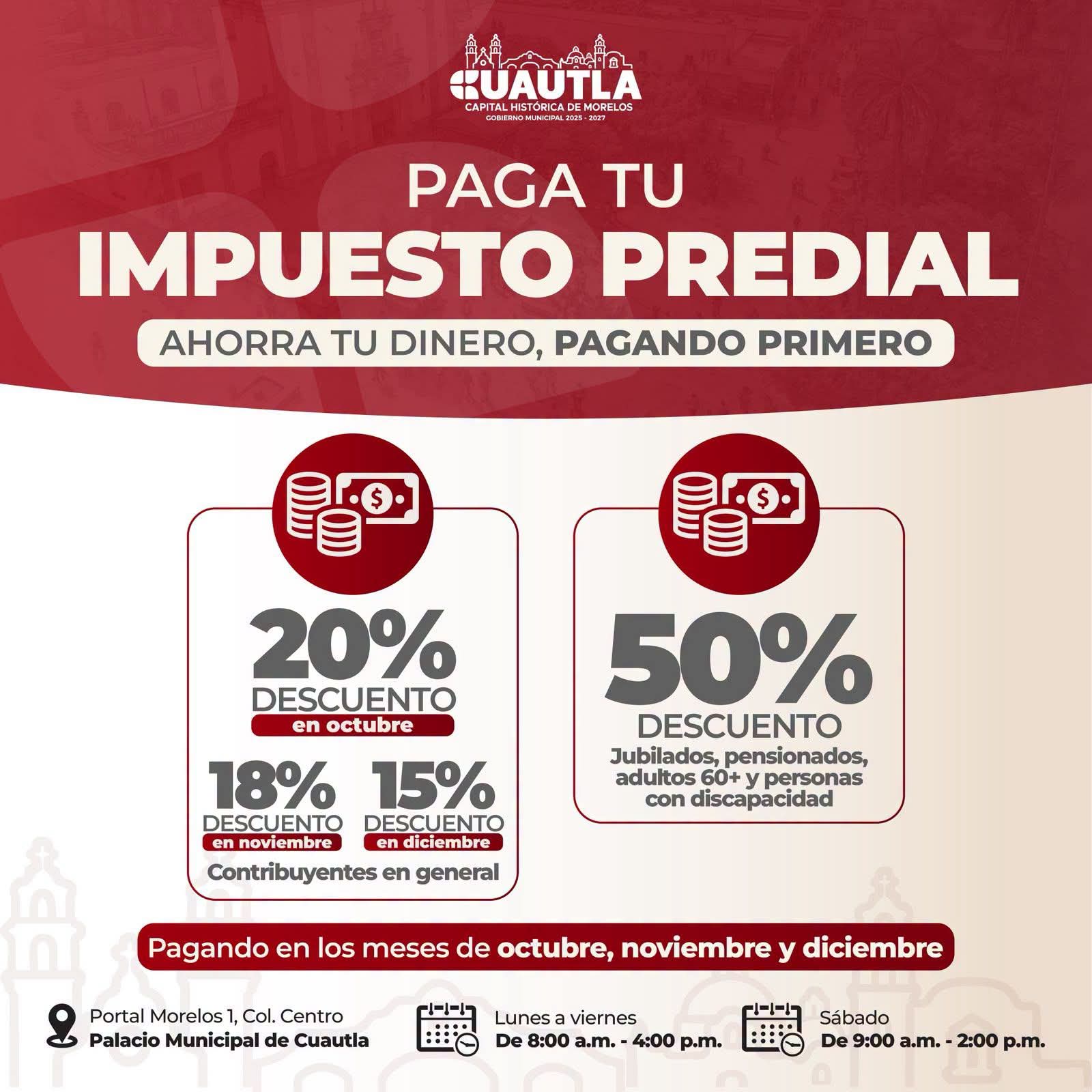 El gobierno municipal de Cuautla ofrece descuentos de hasta el 20% general y del 50% para grupos vulnerables en el impuesto predial durante el último trimestre del año.