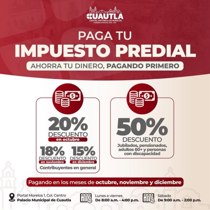 Invita Gobierno de Cuautla a Aprovechar Descuentos en el Pago del Impuesto Predial