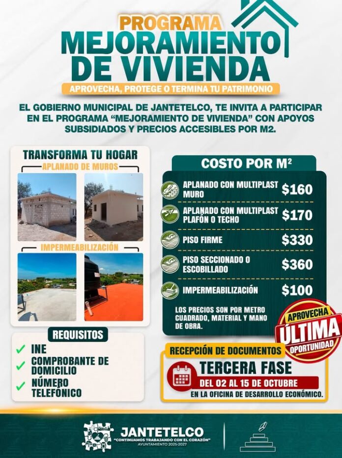 Regístrate en el Programa «Mejoramiento de Vivienda» en Jantetelco