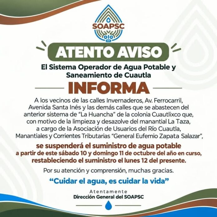 ¡Atención Cuautlixco! se Suspenderán el Suministro de Agua Potable Durante el Fin de Semana