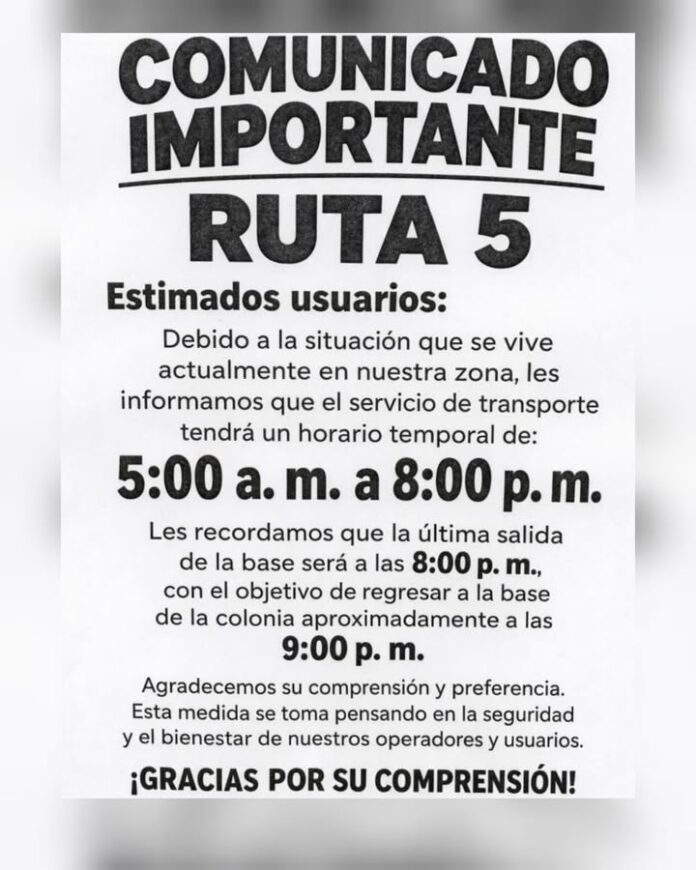 Ruta 5 Juan Morales Reduce Temporalmente su Horario de Servicio por Situación de Seguridad