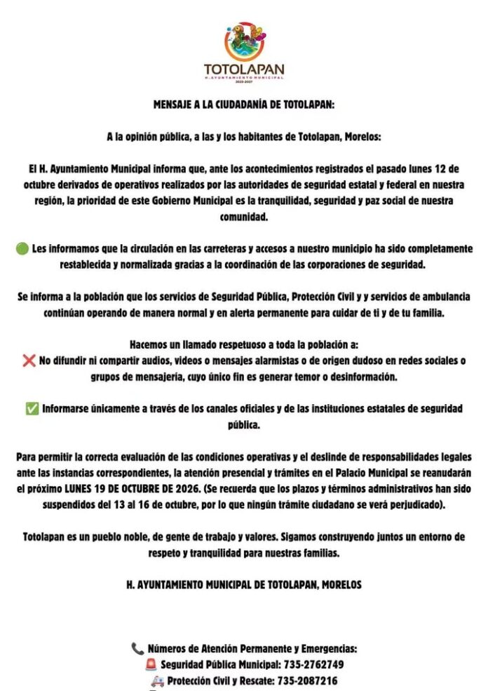 ¡A la Opinión Pública, a las y los Habitantes de Totolapan!