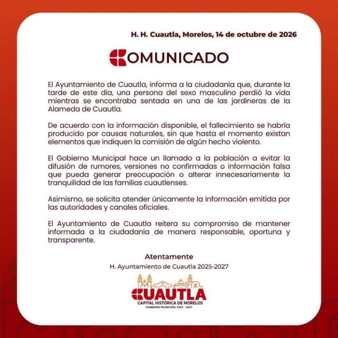 Ayuntamiento de Cuautla Informa Sobre Fallecimiento por Causas Naturales en la Alameda de Cuautla