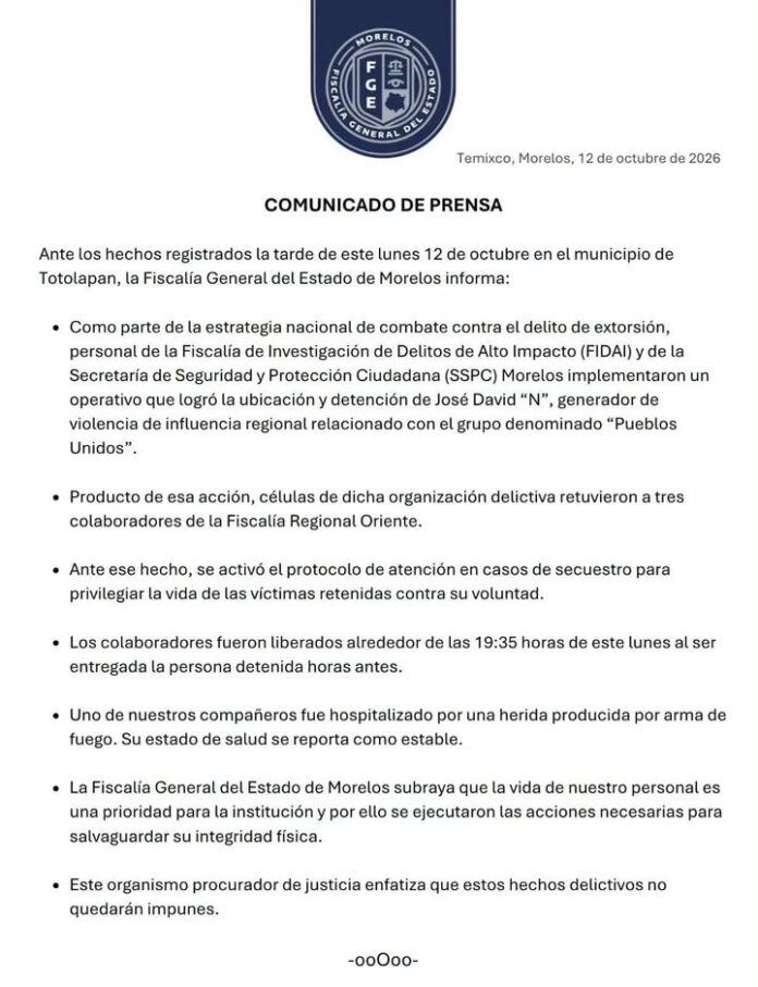 Informa Fiscalía Liberación de Tres Colaboradores Retenidos en Totolapan Tras Operativo Contra Extorsión