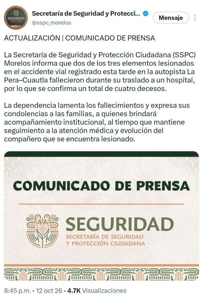 Aumentan a Cuatro los Fallecidos Tras Accidente Vial de Elementos de la Sspc en la Autopista la Pera-cuautla