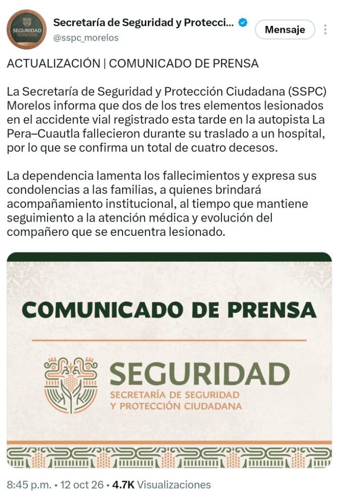 Aumentan a Cuatro los Fallecidos Tras Accidente Vial de Elementos de la Sspc en la Autopista la Pera-cuautla