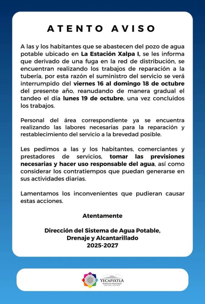 Atento Aviso • Suspensión Temporal en el Suministro de Agua en la Estación Xalpa I