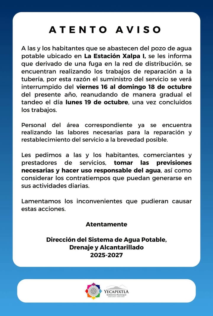 Atento Aviso • Suspensión Temporal en el Suministro de Agua en la Estación Xalpa I