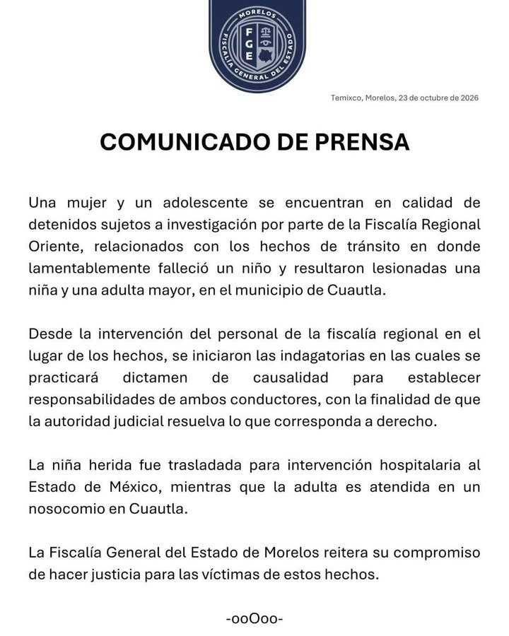 Comunicado - Caso Accidente Vial Alumnos de Primaria Gabriel Tepepa de Cuautla