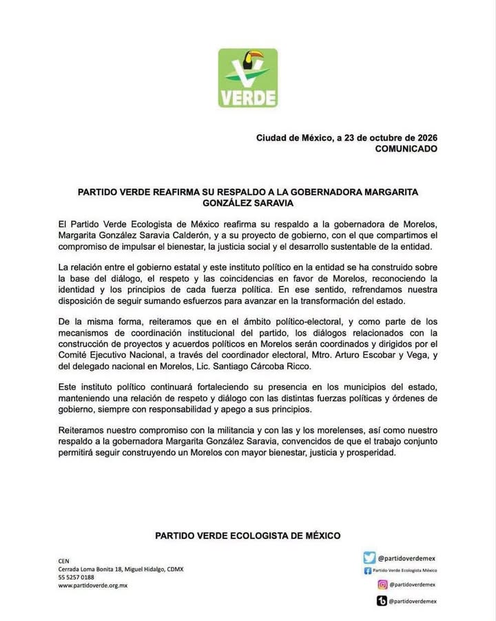 Partido Verde Reafirma Respaldo a la Gobernadora Margarita González Saravia y al Trabajo Conjunto en Morelos